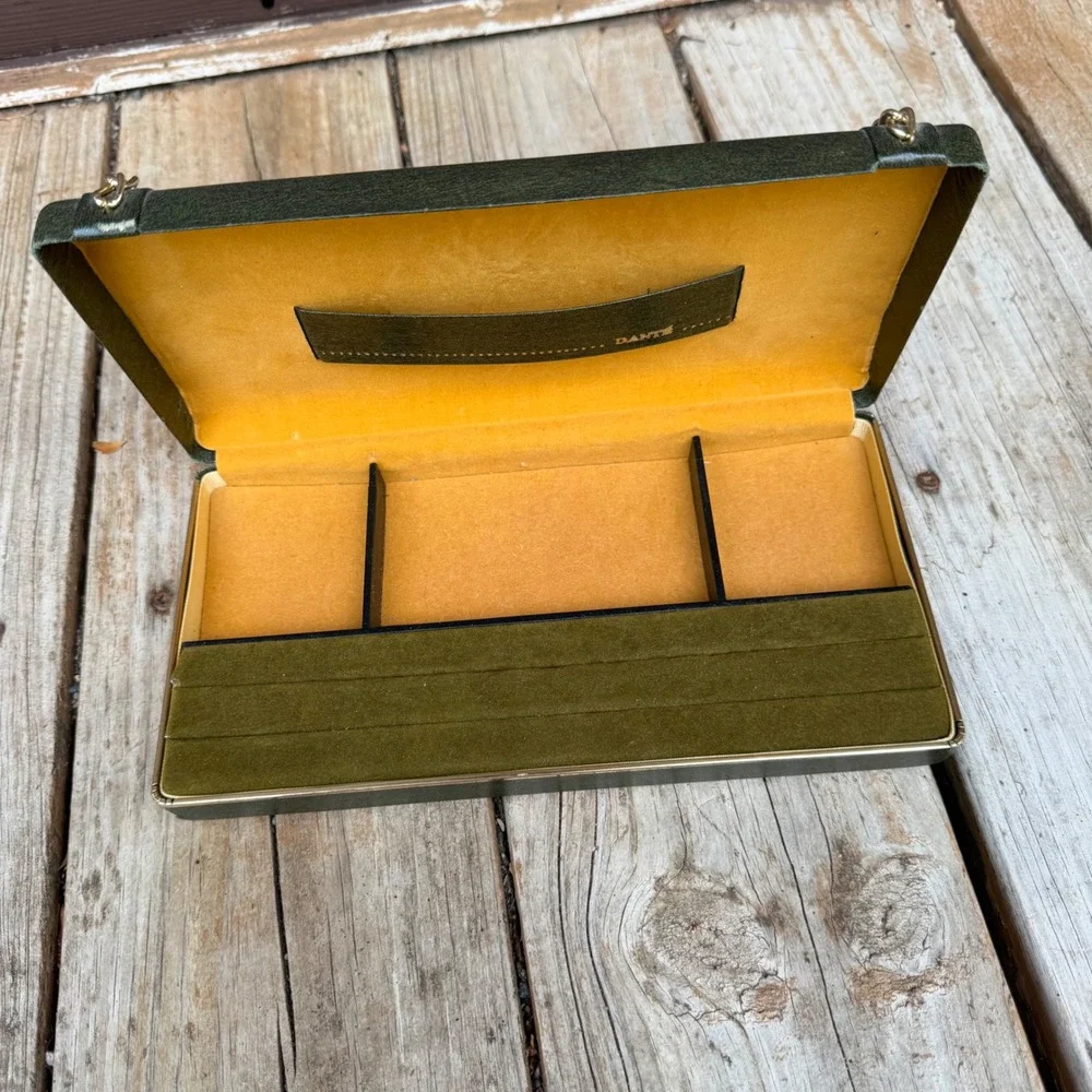 Vintage Dante Green Faux Leather Jewelry Valet Box Gold Chain Floral Rose Accent